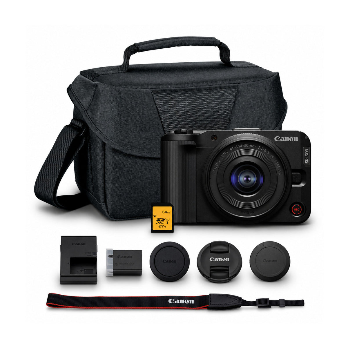 Canon EOS R50 V Mirrorless Camera Bundle with 14-30mm f/4-6.3 Lens, 64GB Memory Card, and Padded Bag