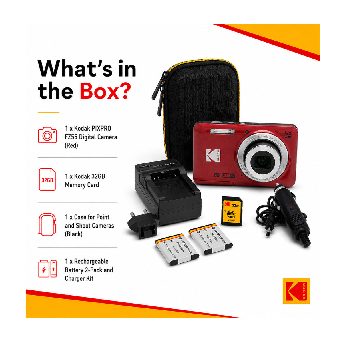 Kodak PIXPRO FZ55 Digital Camera (Red) Bundle with 32GB Memory Card, Protective Case and Accessories