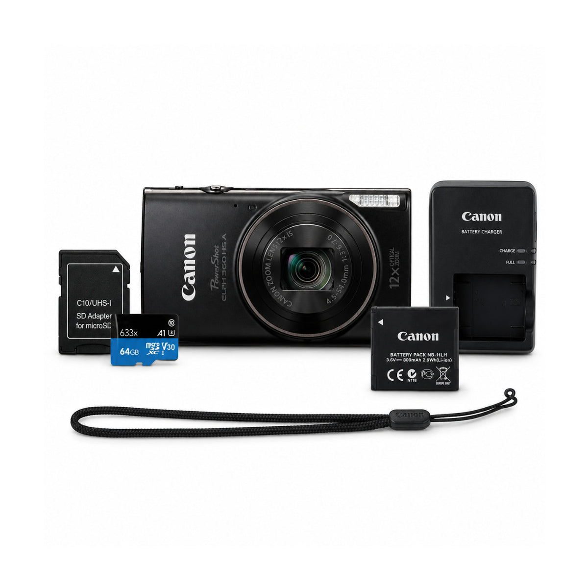 Canon PowerShot ELPH 360 HS A Black Digital Camera Bundle with High-Performance 64GB Memory Card