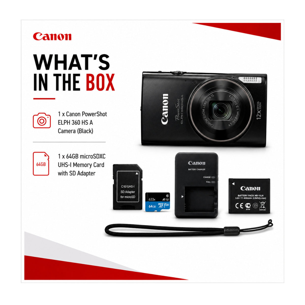 Canon PowerShot ELPH 360 HS A Black Digital Camera Bundle with High-Performance 64GB Memory Card