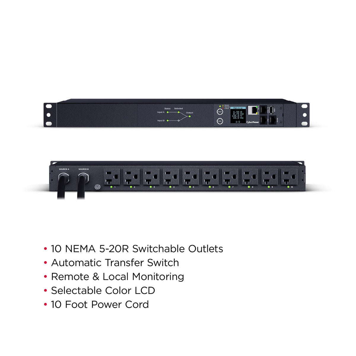 CyberPower PDU44002 20A 10-Outlet 1U Switched Power Distribution Unit with Automatic Transfer Switch