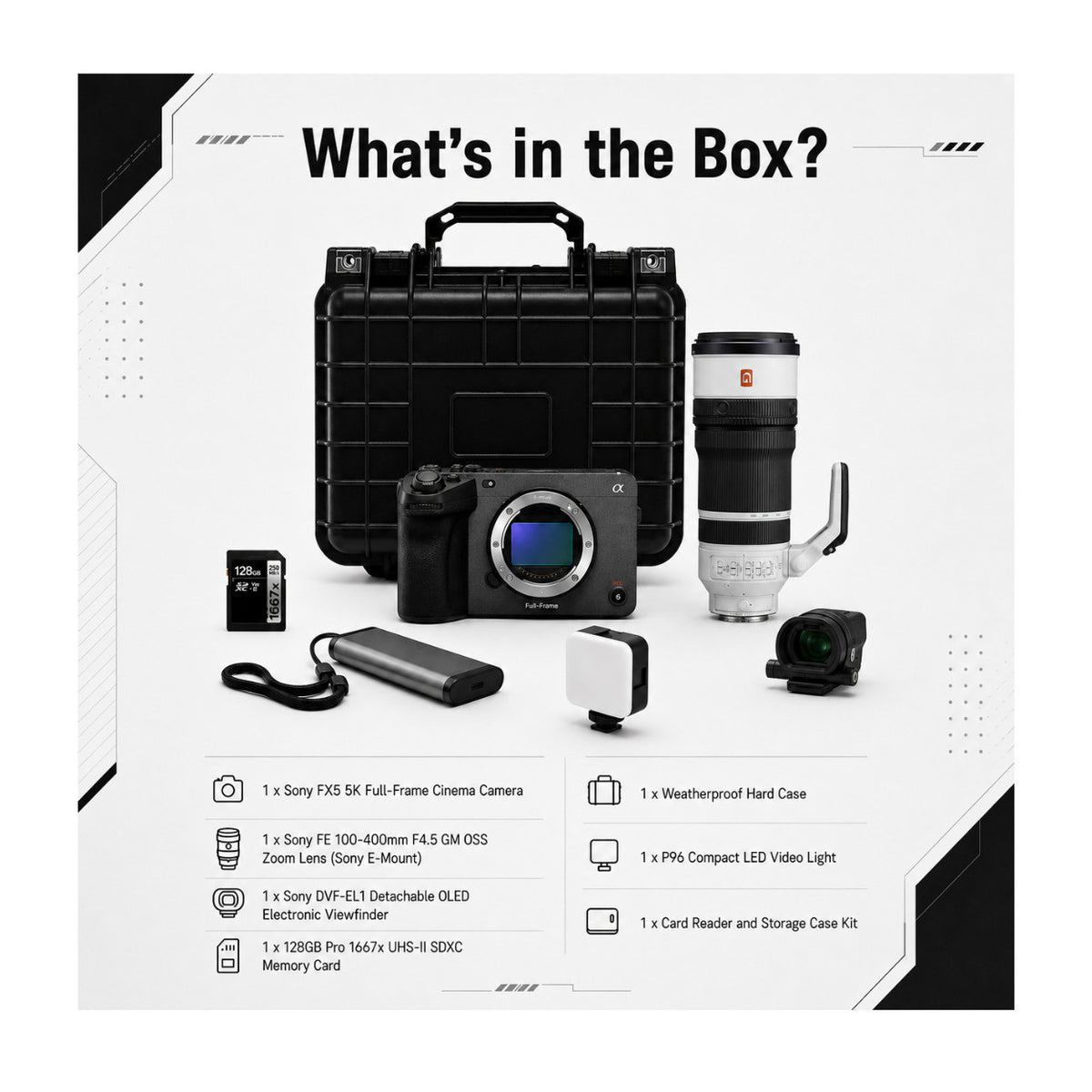 Sony FX5 Cinema Camera with 100-400mm F4.5 Zoom Lens, Detachable Viewfinder, and Accessories