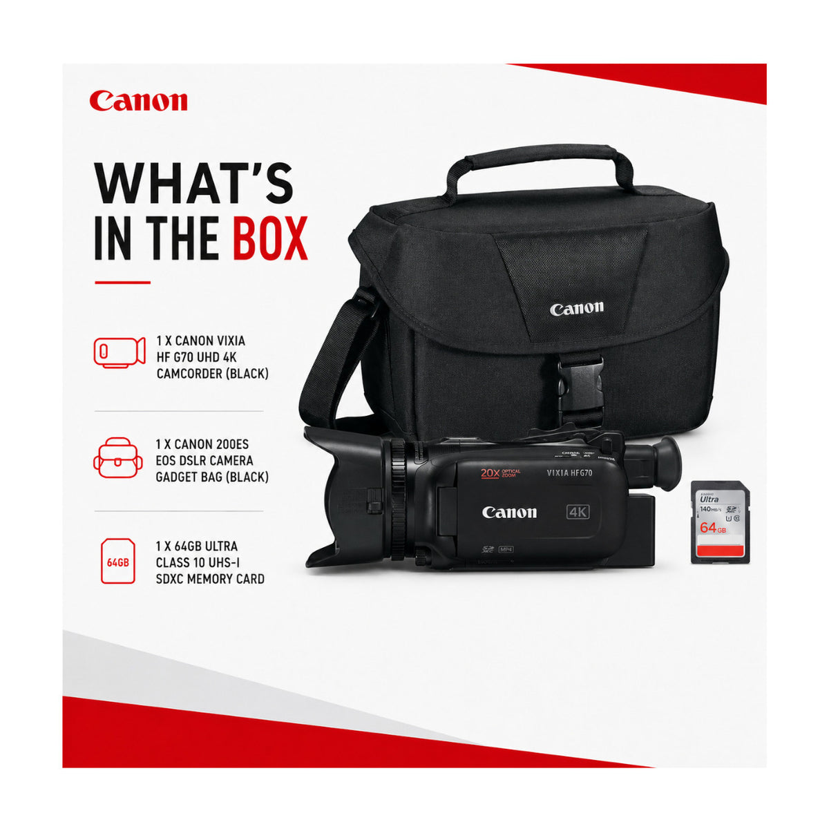 Canon Vixia HF G70 UHD 4K Camcorder Bundle with Camera Gadget Bag, 64GB Memory Card, and Accessories