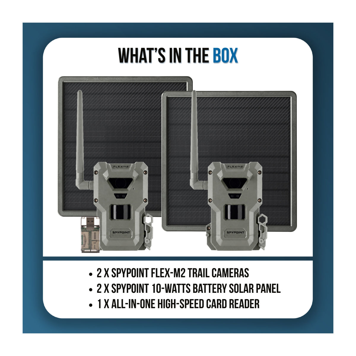 Spypoint FLEX-M2 32MP Trail Camera 2-Pack Bundle with Two Solar Panels and Card Reader (5 Items)