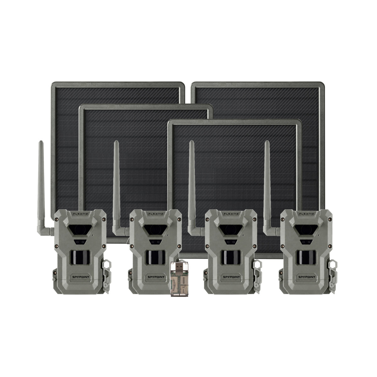 Spypoint FLEX-M2 32MP Trail Camera 4-Pack Bundle with Four Solar Panels and Card Reader (9 Items)