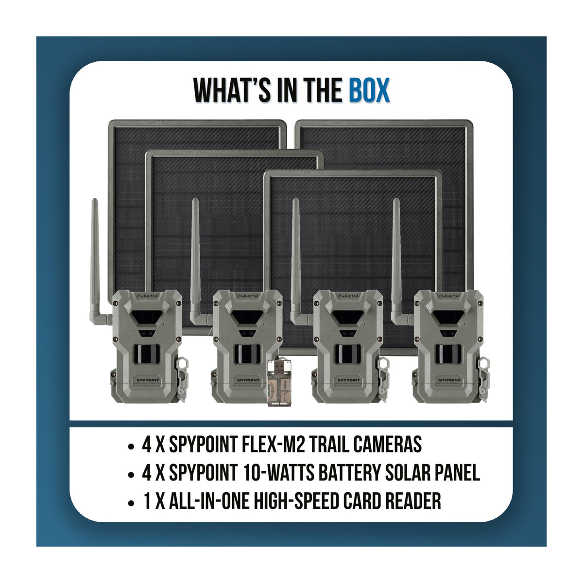 Spypoint FLEX-M2 32MP Trail Camera 4-Pack Bundle with Four Solar Panels and Card Reader (9 Items)