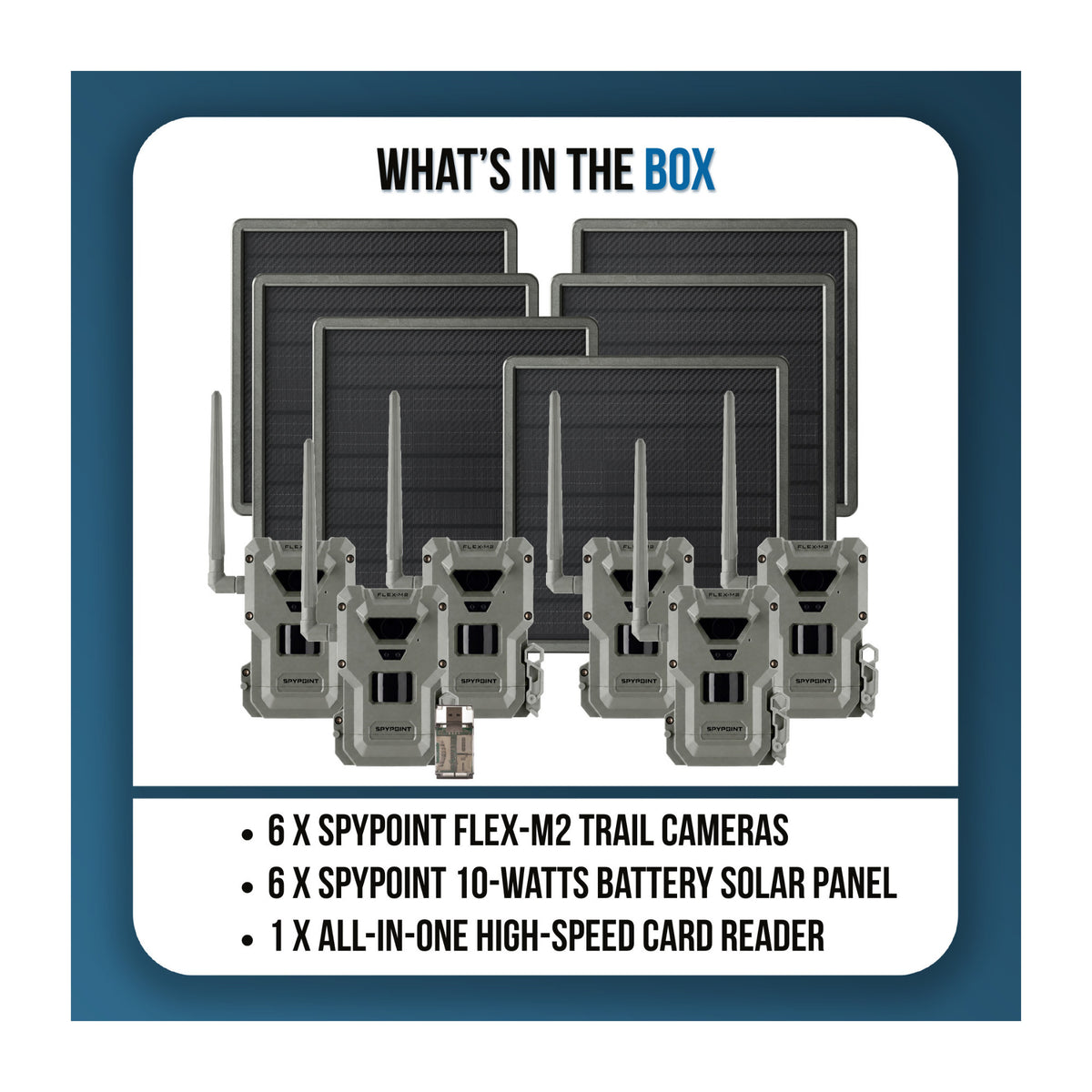 Spypoint FLEX-M2 32MP Trail Camera 6-Pack Bundle with Six Solar Panels and Card Reader (13 Items)