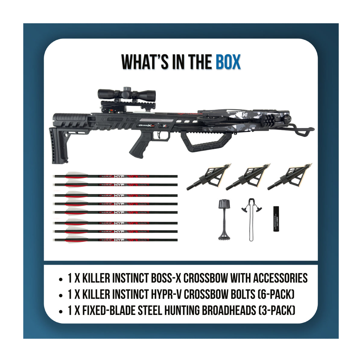Killer Instinct BOSS-X Crossbow Package Bundle with HYPR-V Crossbow Bolts 6-Pack and Broadheads