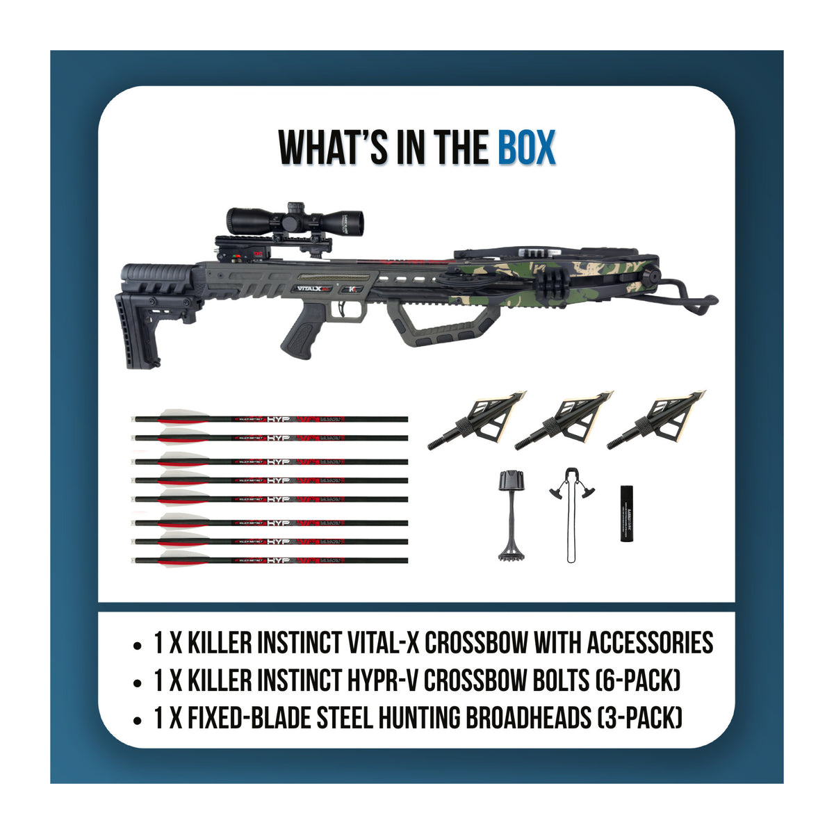 Killer Instinct Vital-X Crossbow Package Bundle with HYPR-V Crossbow Bolts 6-Pack and Broadheads