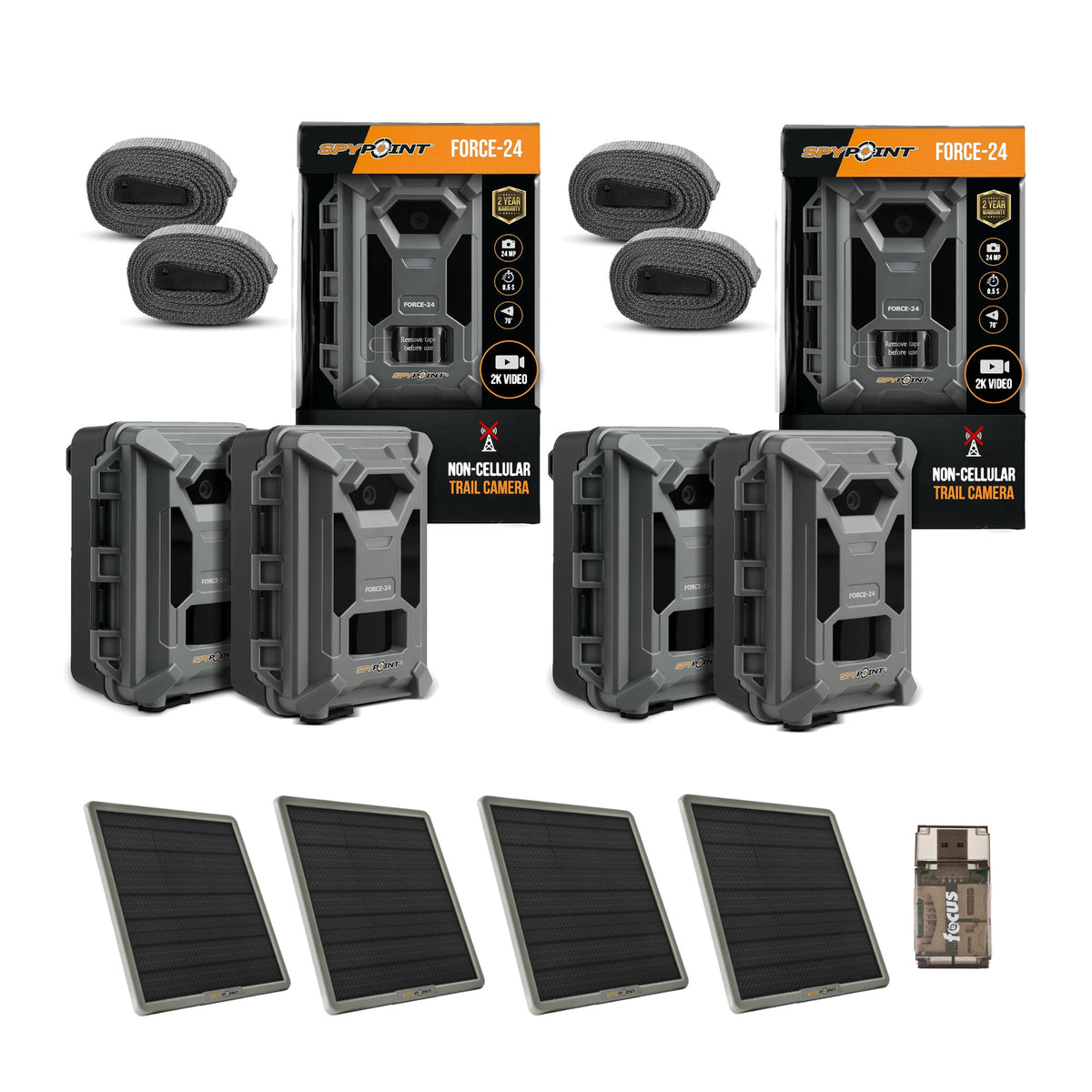 Spypoint Force-24 24MP 2K Video Trail Camera (4-Pack) Bundle with Solar Panels and Card Reader