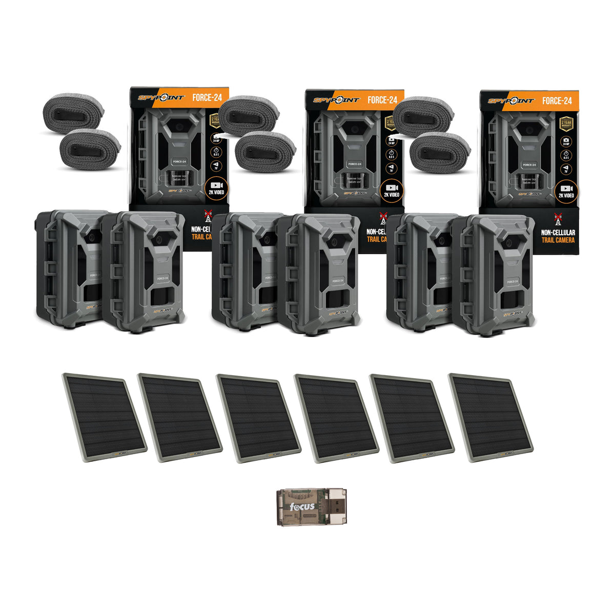 Spypoint Force-24 24MP 2K Video Trail Camera (6-Pack) Bundle with Solar Panels and Card Reader