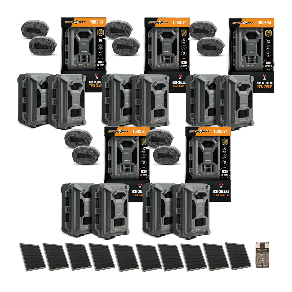 Spypoint Force-24 24MP 2K Video Trail Camera (10-Pack) Bundle with Solar Panels and Card Reader