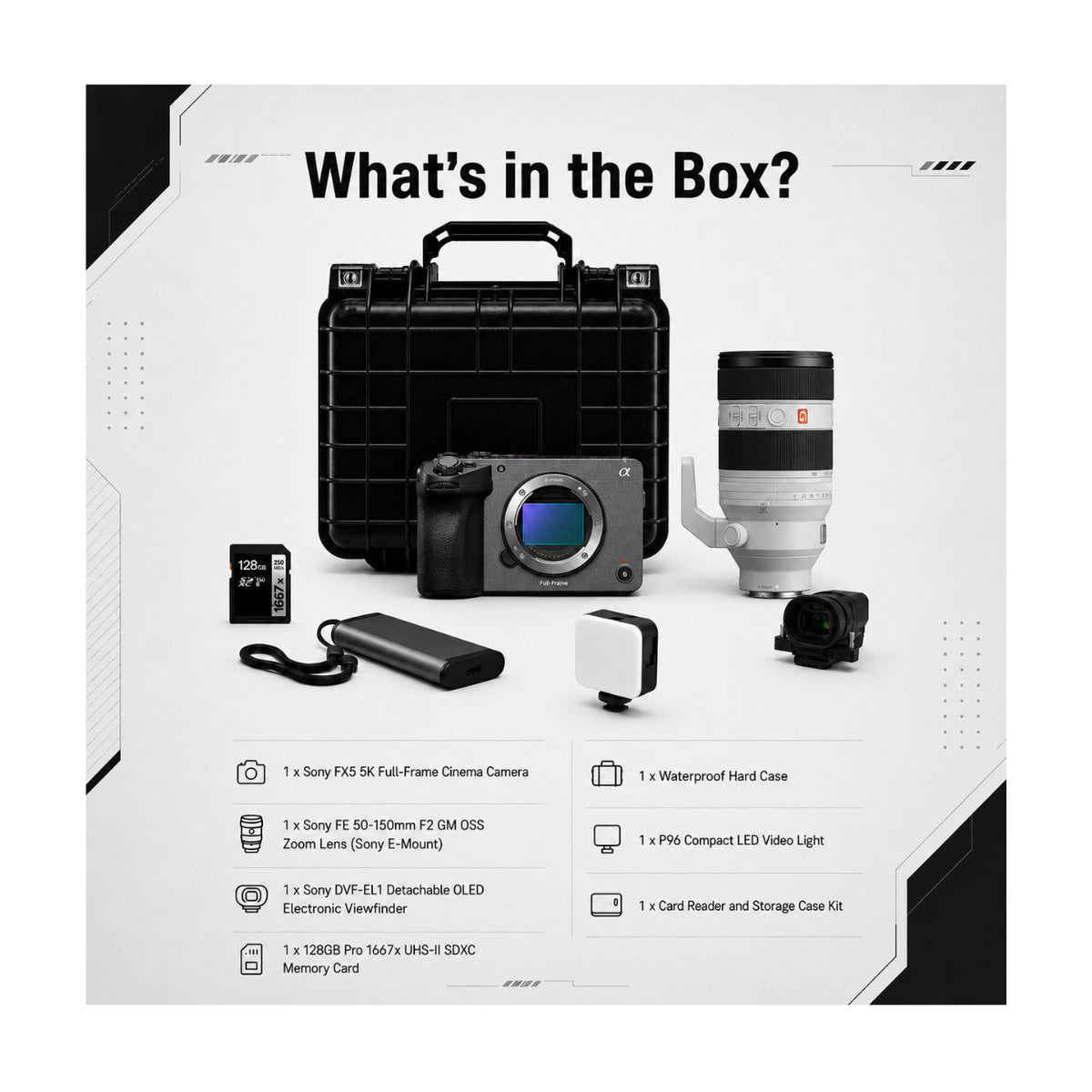 Sony FX5 Cinema Camera with 50-150mm F2 Zoom Lens, Detachable Viewfinder, and Accessories