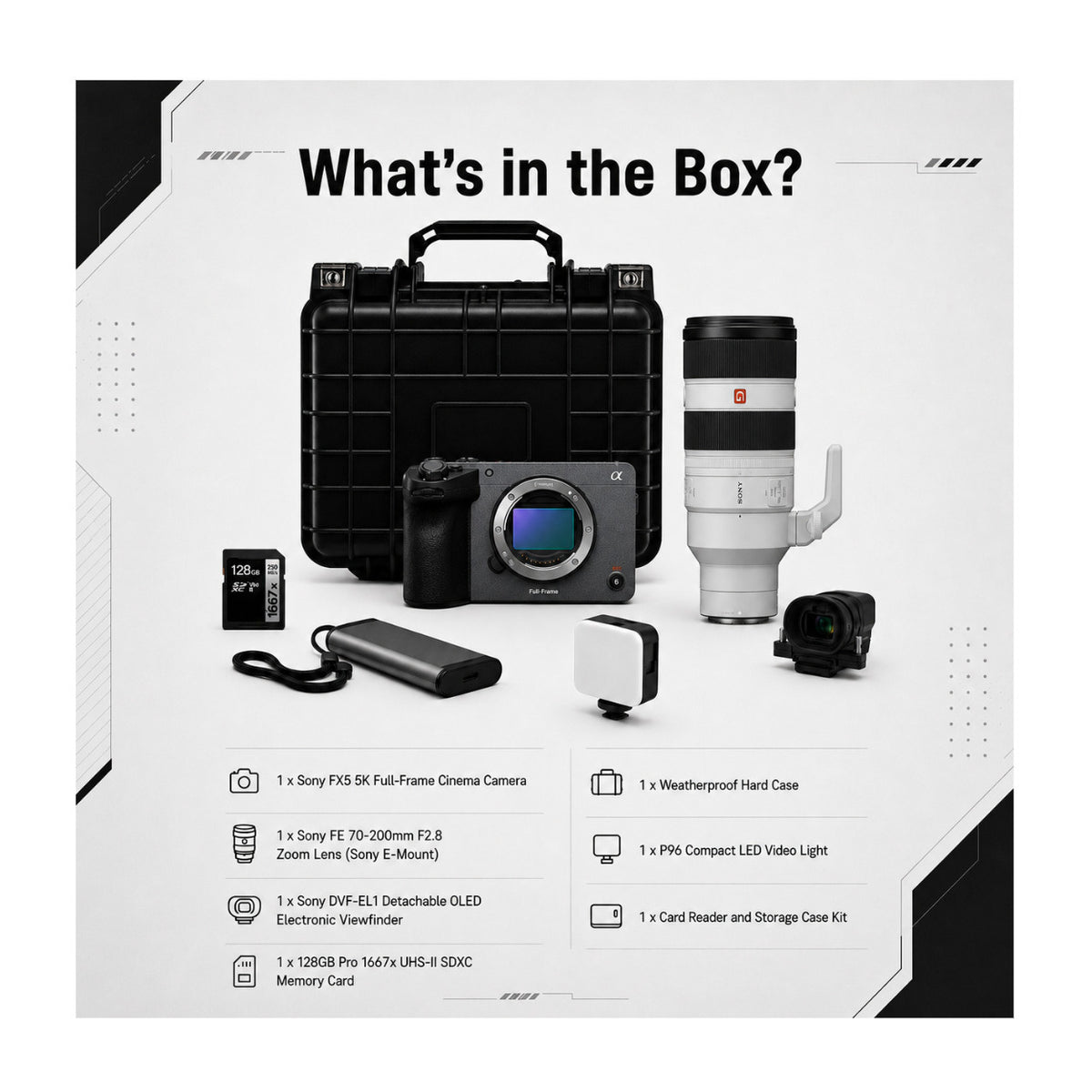 Sony FX5 Cinema Camera with 70-200mm F2.8 Zoom Lens, Detachable Viewfinder, and Accessories