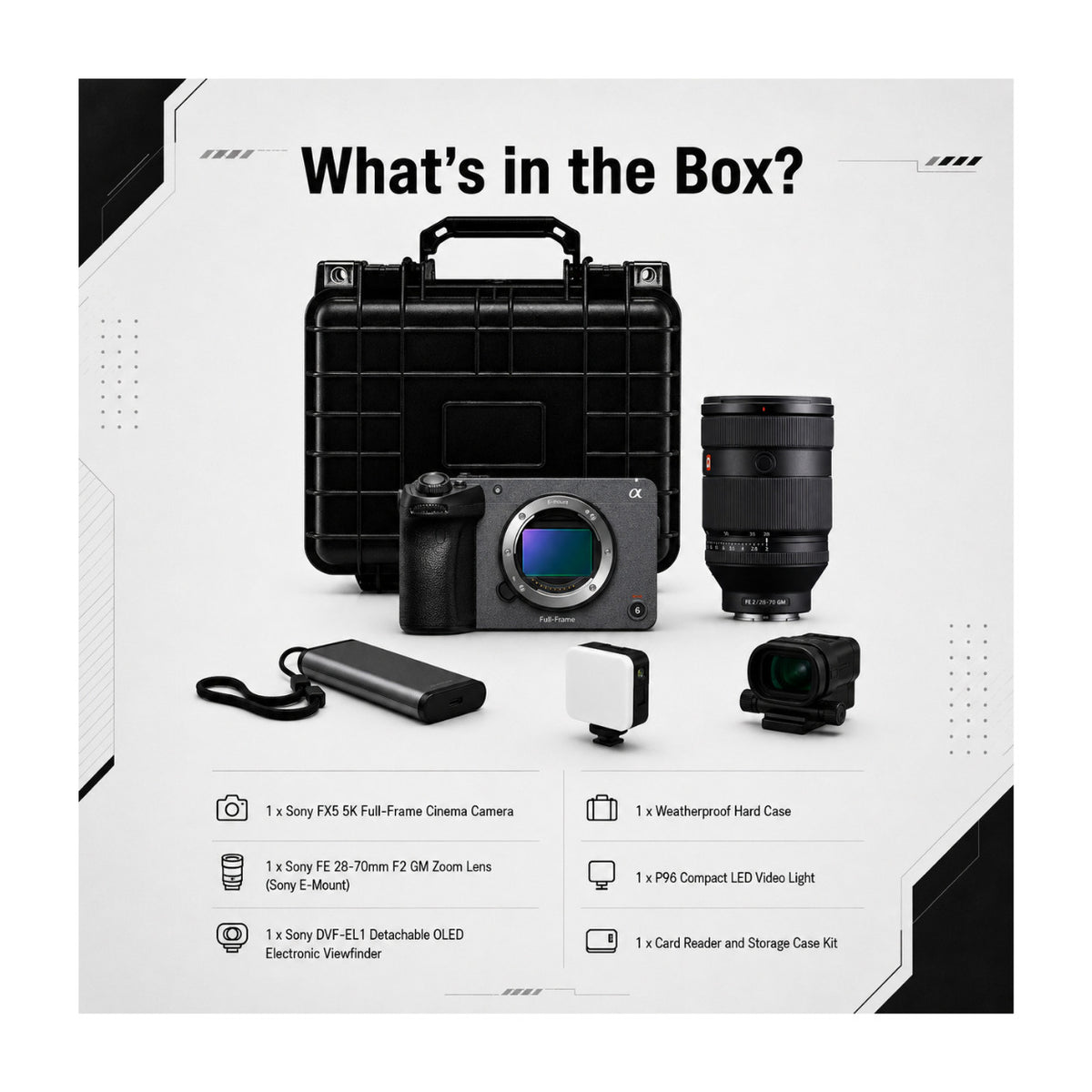 Sony FX5 Cinema Camera with 28-70mm F2 Zoom Lens, Detachable Viewfinder, and Accessories