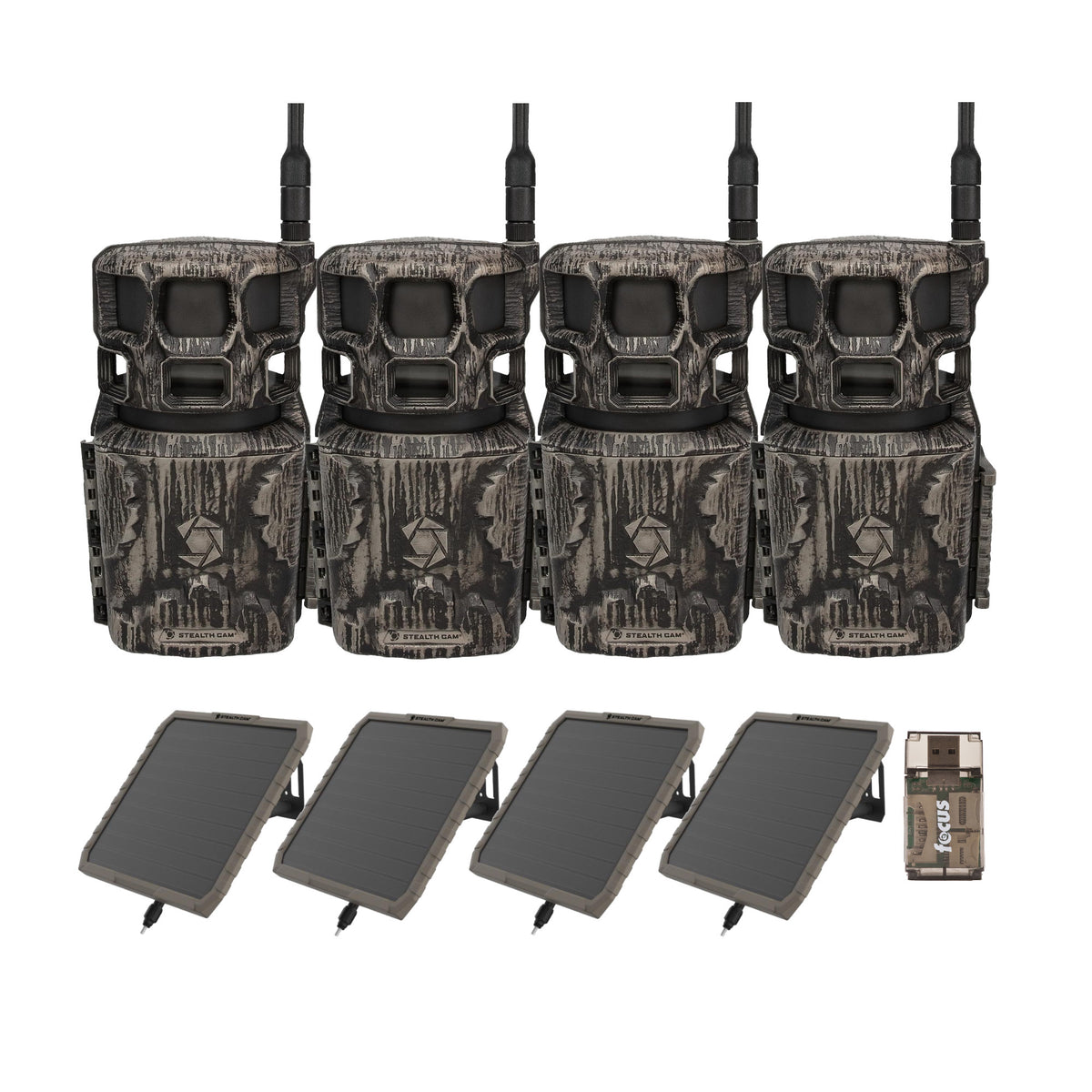Stealth Cam Revolver Pro 3.0 360 Cellular Trail Camera (4-Pack) Bundle with Solar Pack and Reader