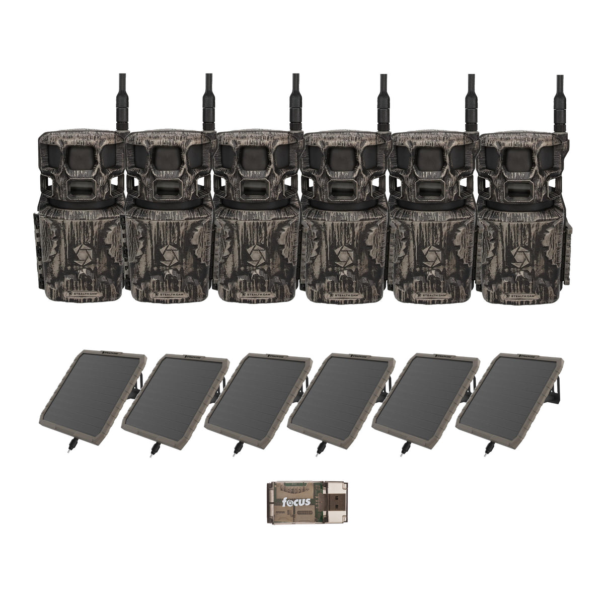 Stealth Cam Revolver Pro 3.0 360 Cellular Trail Camera (6-Pack) Bundle with Solar Pack and Reader
