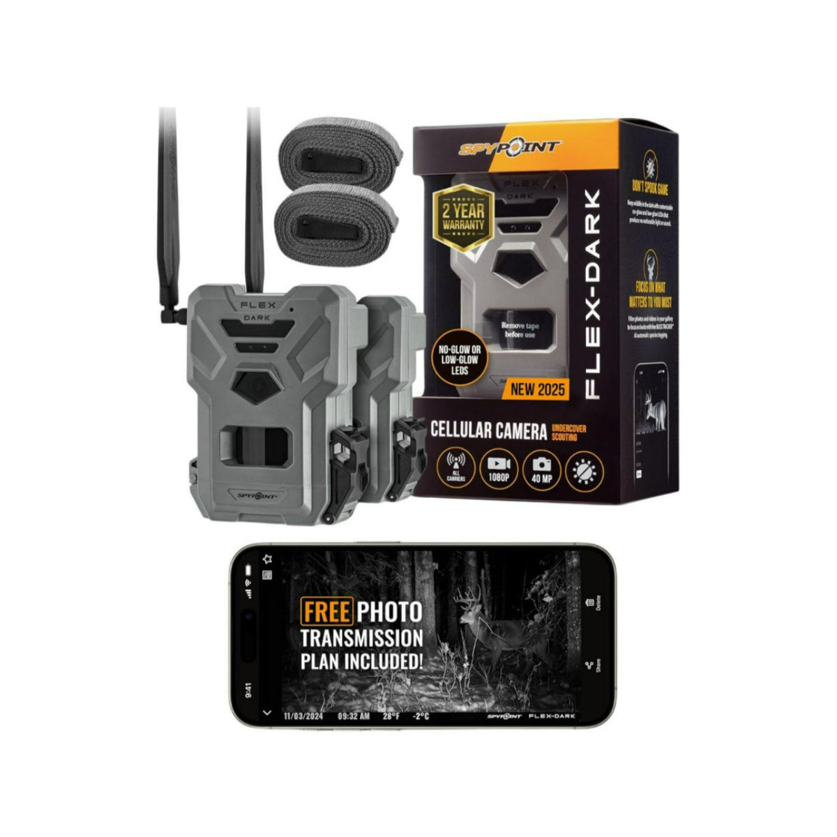 Spypoint FLEX DARK 40MP Cellular Gray Trail Camera (4-Pack) Bundle with Solar Panels and Card Reader