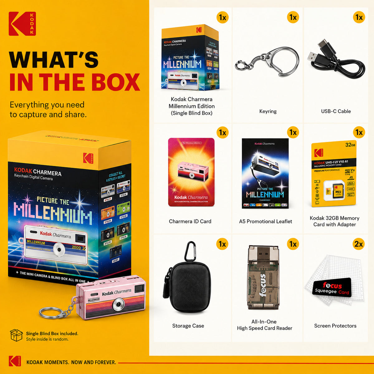 Kodak Charmera Millenium Edition Keychain Digital Camera (Single Blind Box) Bundle with Accessories