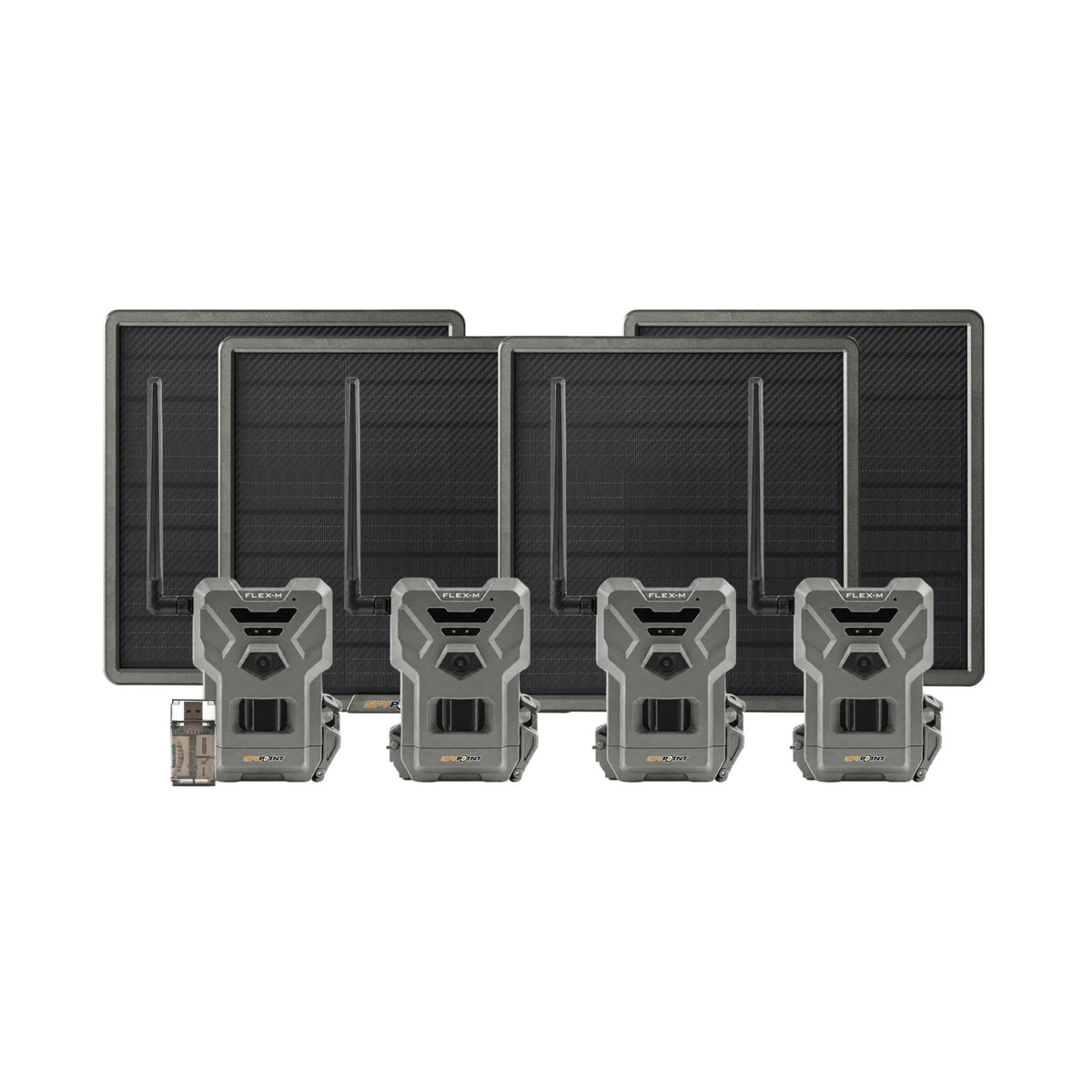 Spypoint Flex-M Trail Camera 4-Pack with Solar Panels and Card Reader (9 Items)