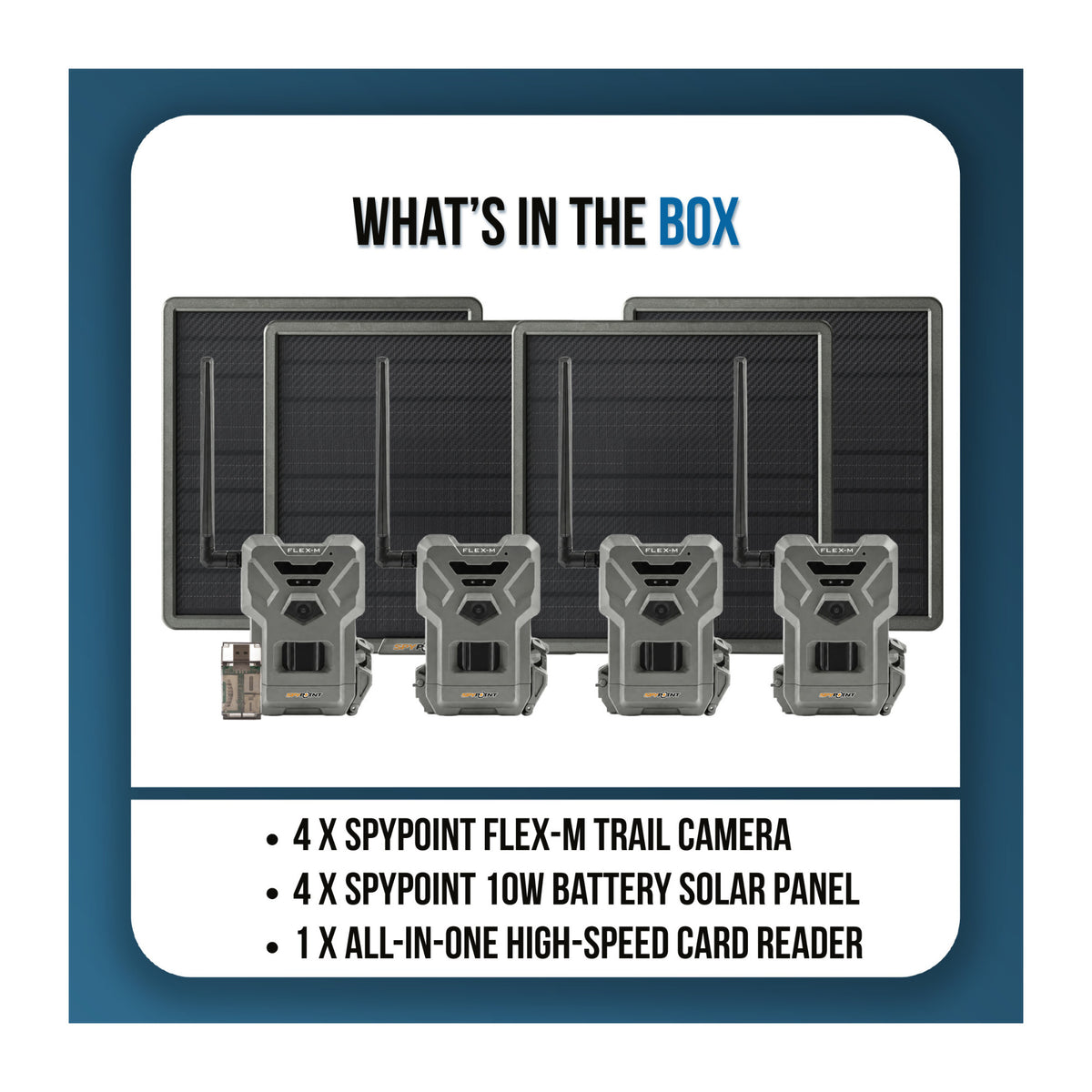 Spypoint Flex-M Trail Camera 4-Pack with Solar Panels and Card Reader (9 Items)