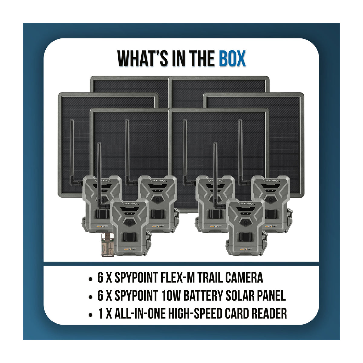 Spypoint Flex-M Trail Camera 6-Pack with Solar Panels and Card Reader (13 Items)