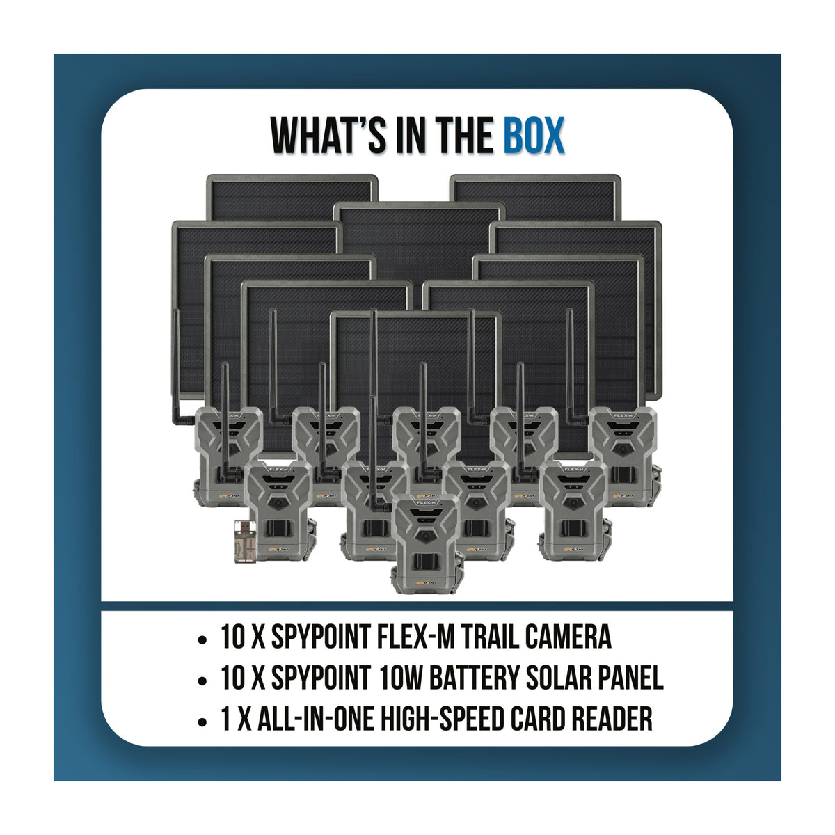Spypoint Flex-M Trail Camera 10-Pack with Solar Panels and Reader (21 Items)