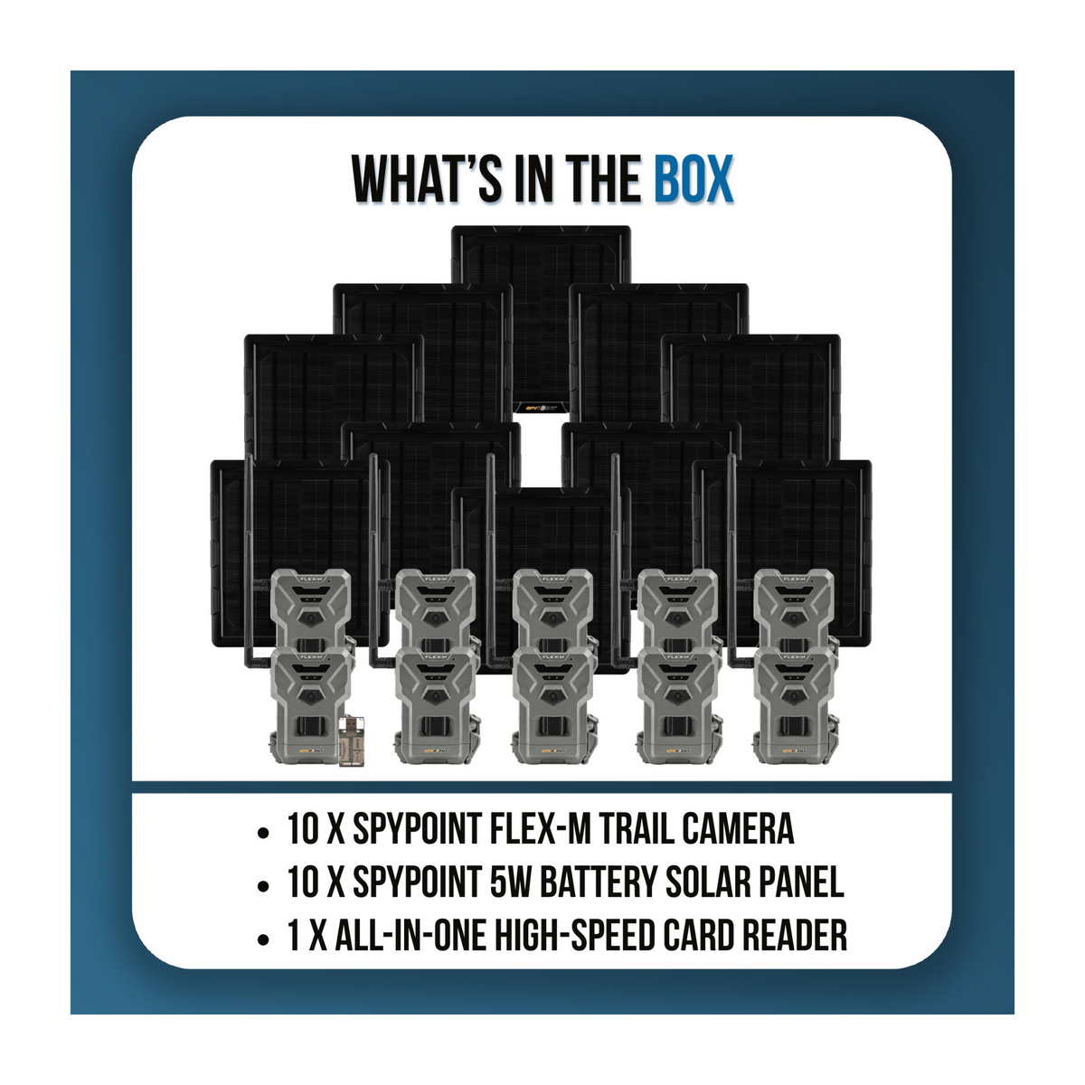 Spypoint Flex-M Trail Camera 10-Pack with 5W Solar Panels and Reader (21 Items)