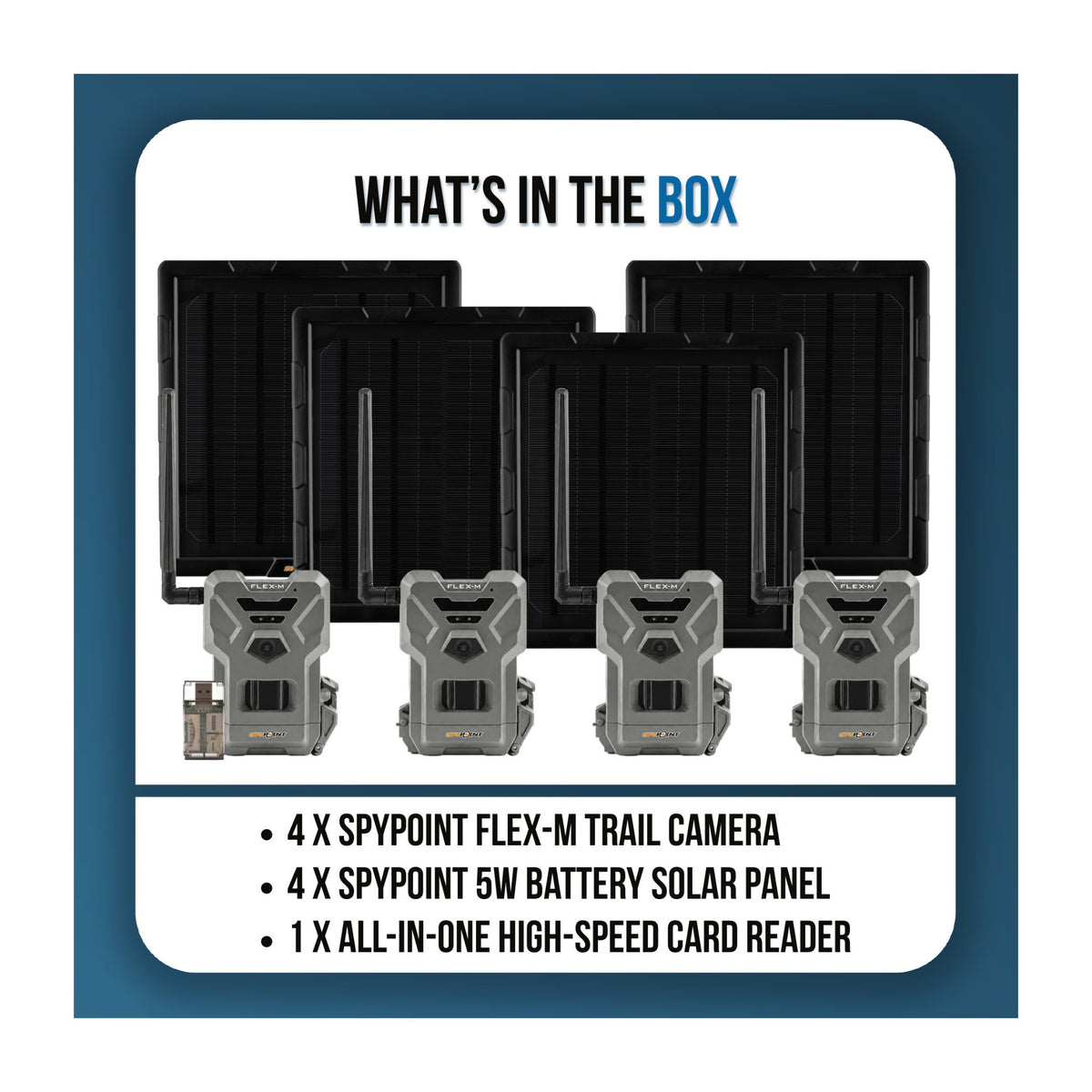 Spypoint Flex-M Trail Camera 4-Pack with 5W Solar Panels and Reader (9 Items)