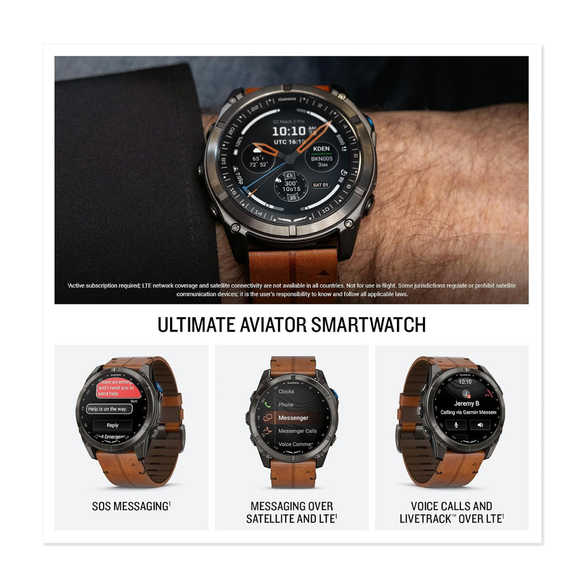 Garmin D2 Mach 2 Pro 51mm Aviator GPS Smartwatch with Chesnut Leather Band (Carbon Gray Titanium)