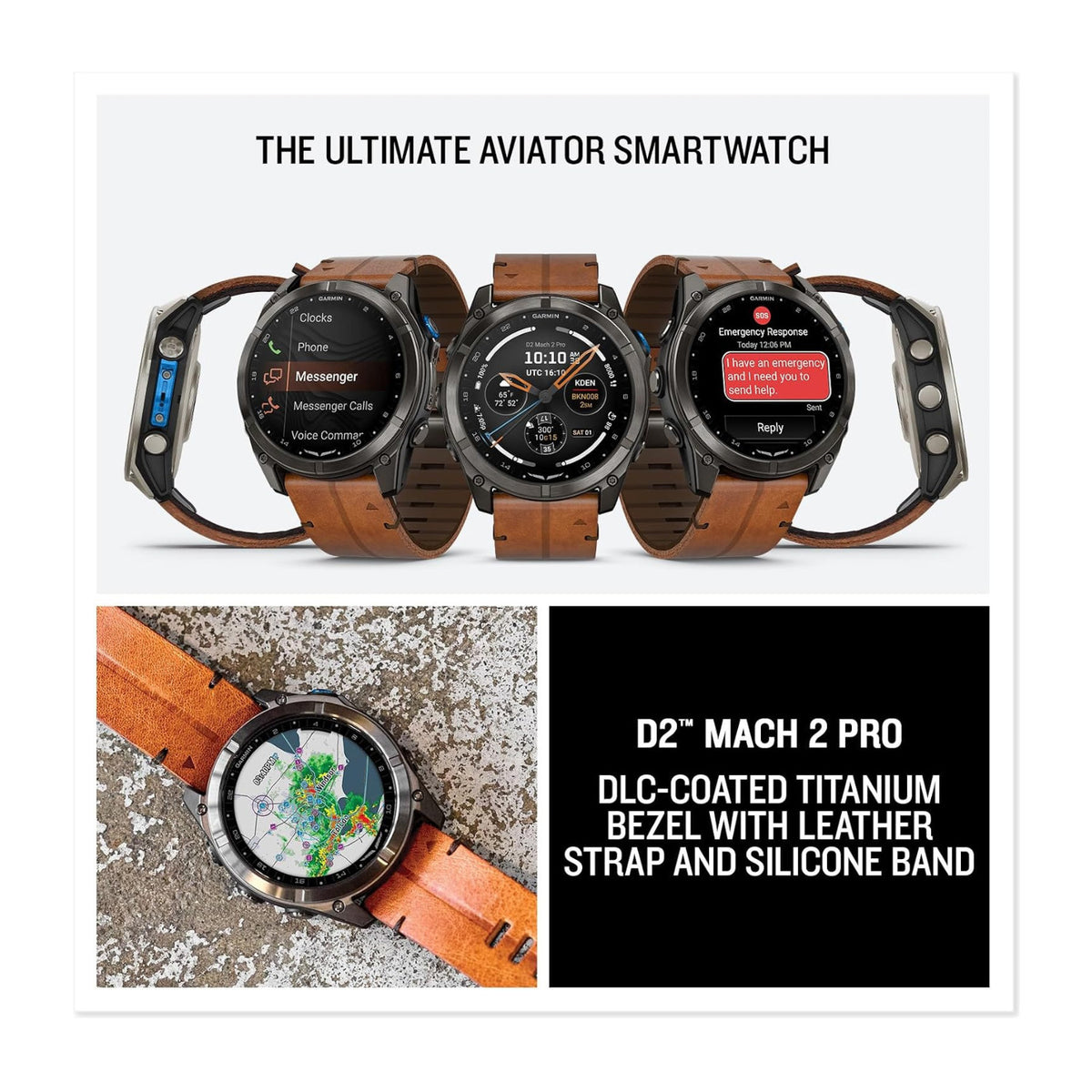 Garmin D2 Mach 2 Pro 51mm Aviator GPS Smartwatch with Chesnut Leather Band (Carbon Gray Titanium)