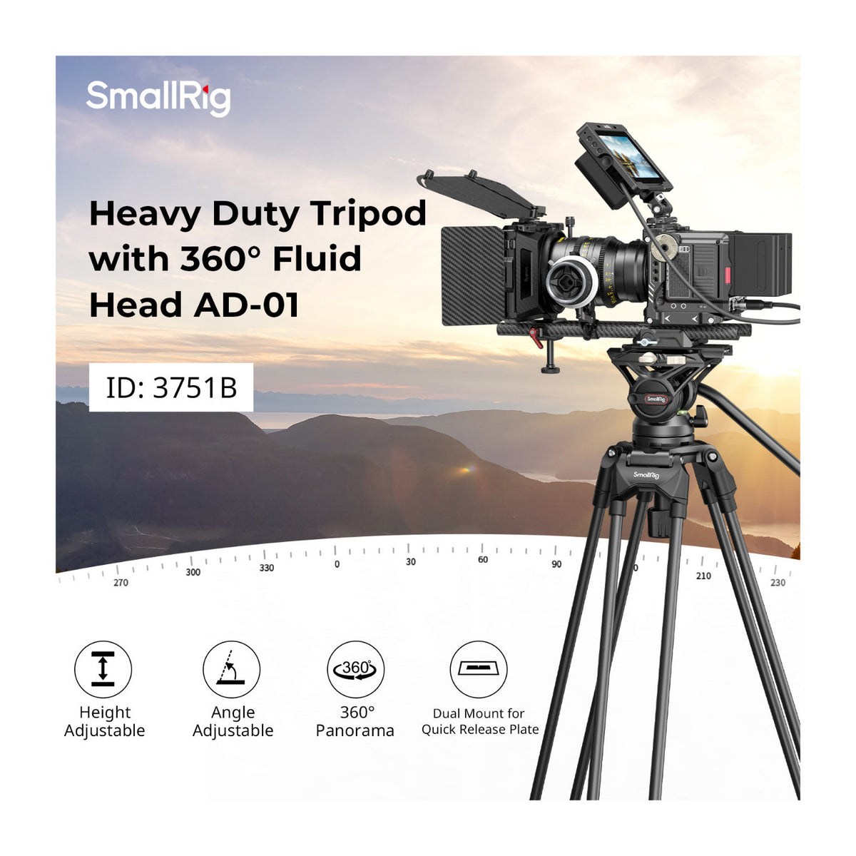 SmallRig AD-01 Heavy-Duty Aluminum Camera Tripod with Fluid Head, Double Tube Legs, and Storage Bag