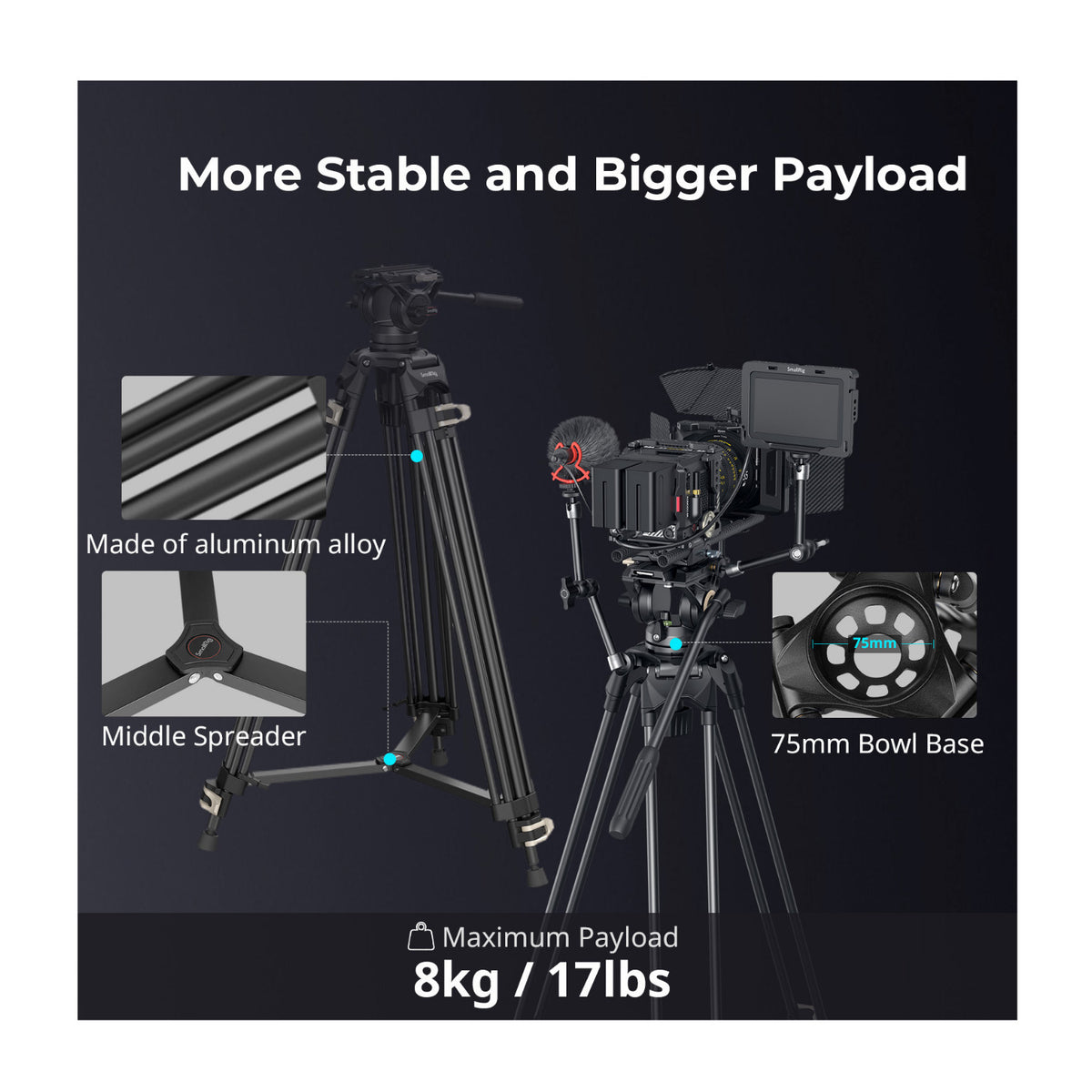 SmallRig AD-01 Heavy-Duty Aluminum Camera Tripod with Fluid Head, Double Tube Legs, and Storage Bag