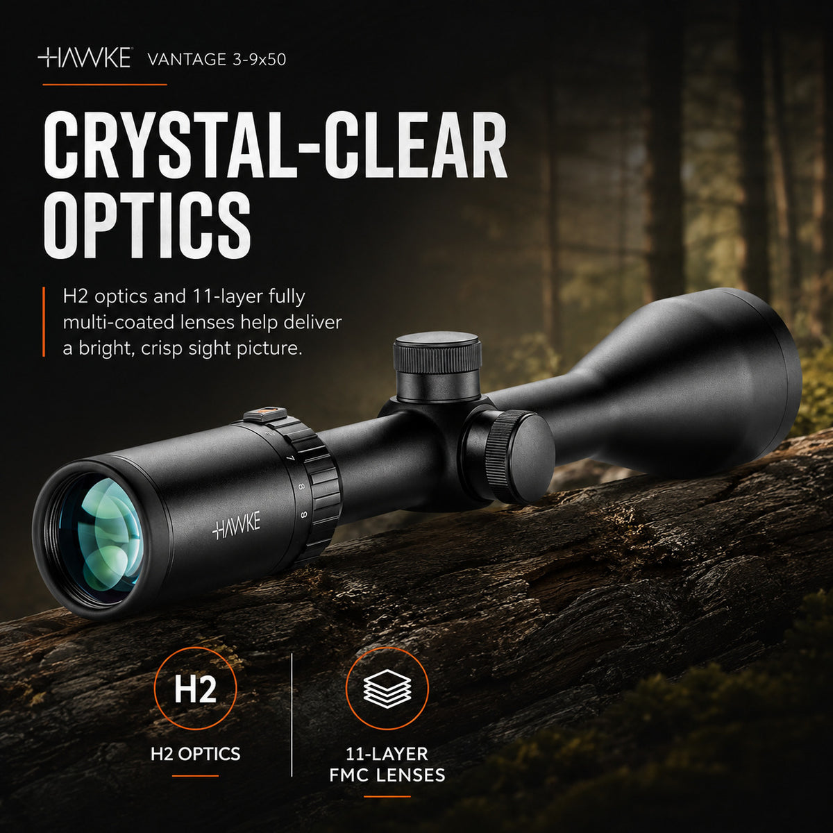 Hawke Vantage 3-9x50 Duplex Reticle 30/30 Riflescope Bundle with 2-Piece 1-inch Mount Rings (Medium)