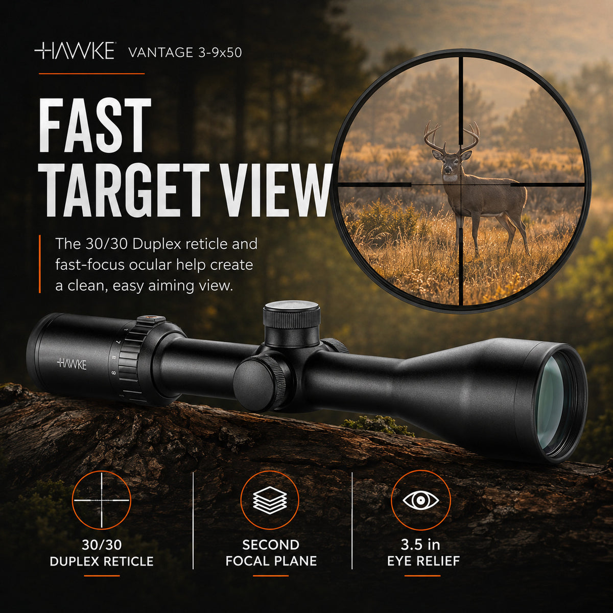 Hawke Vantage 3-9x50 Duplex Reticle 30/30 Riflescope Bundle with 2-Piece 1-inch Mount Rings (Medium)