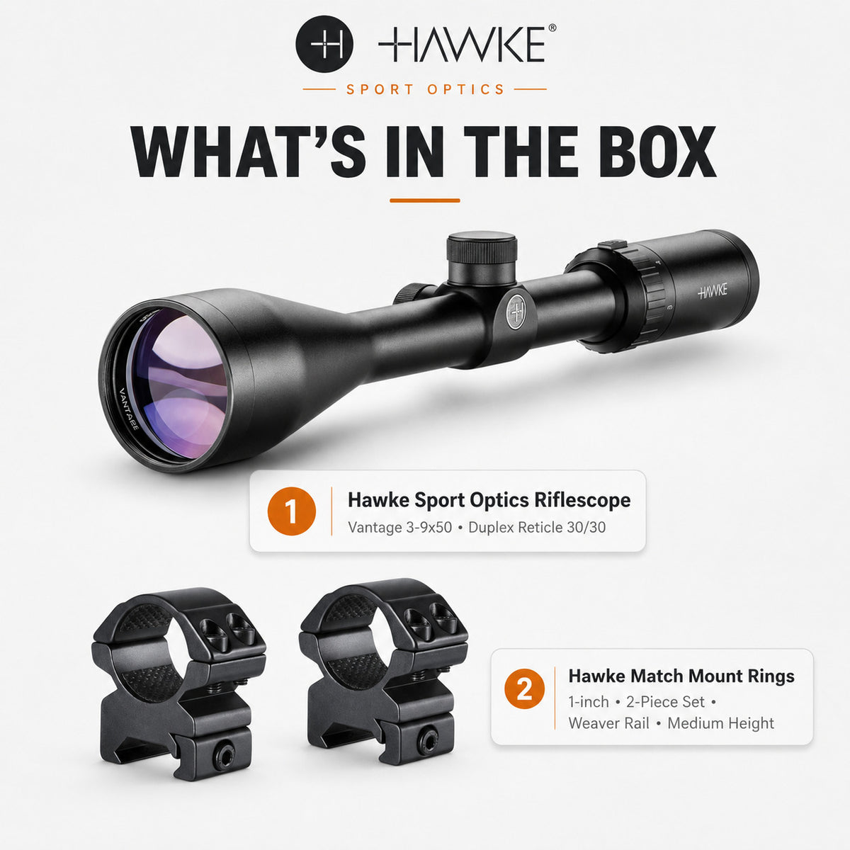 Hawke Vantage 3-9x50 Duplex Reticle 30/30 Riflescope Bundle with 2-Piece 1-inch Mount Rings (Medium)