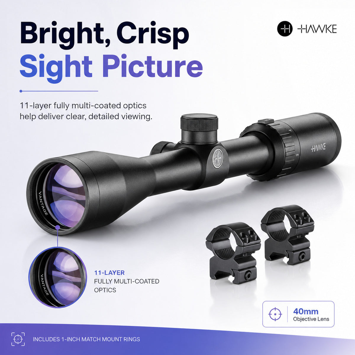 Hawke Nitrogen-Filled Vantage 3-9x40 Riflescope Bundle with 1-inch Mount Rings (Medium)