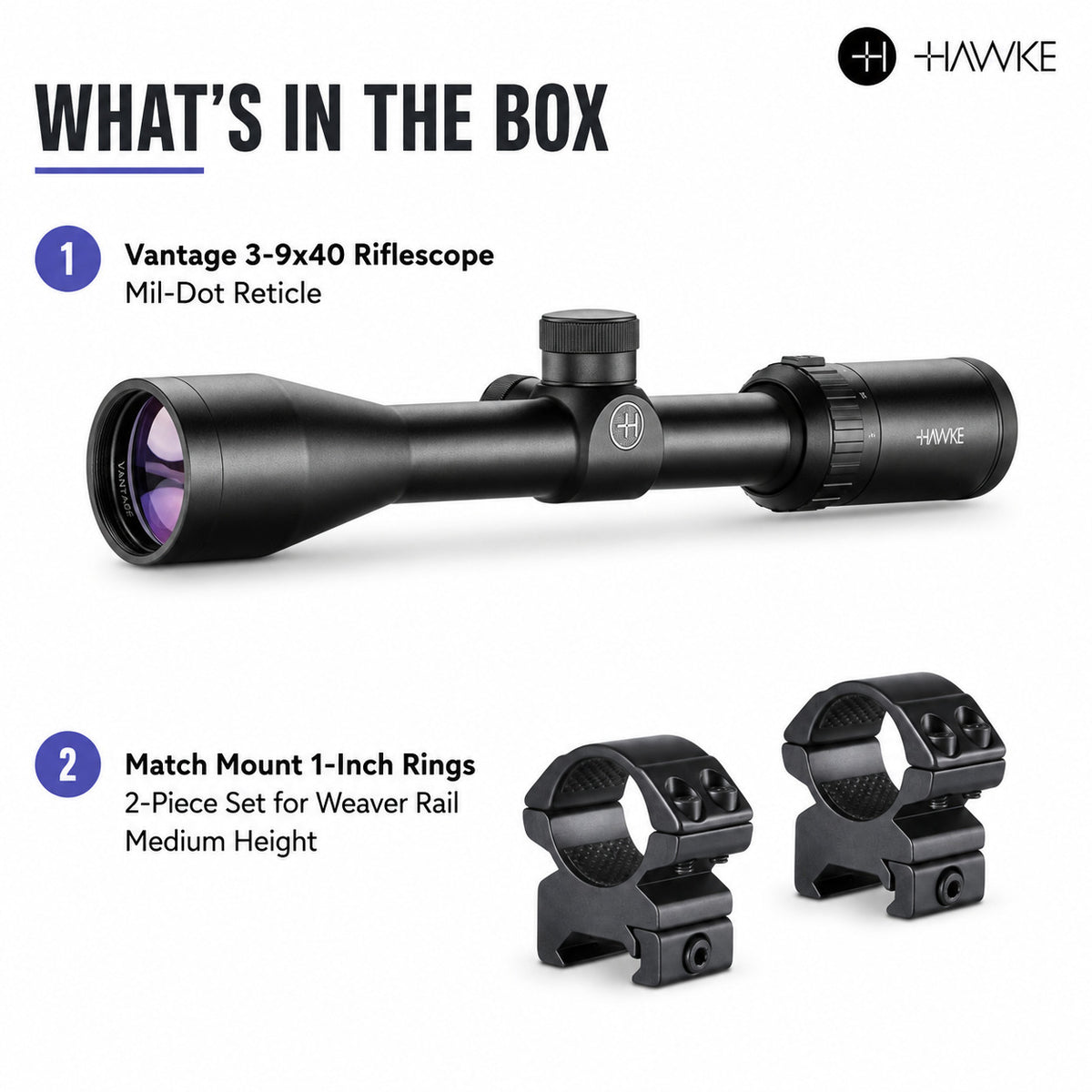Hawke Nitrogen-Filled Vantage 3-9x40 Riflescope Bundle with 1-inch Mount Rings (Medium)