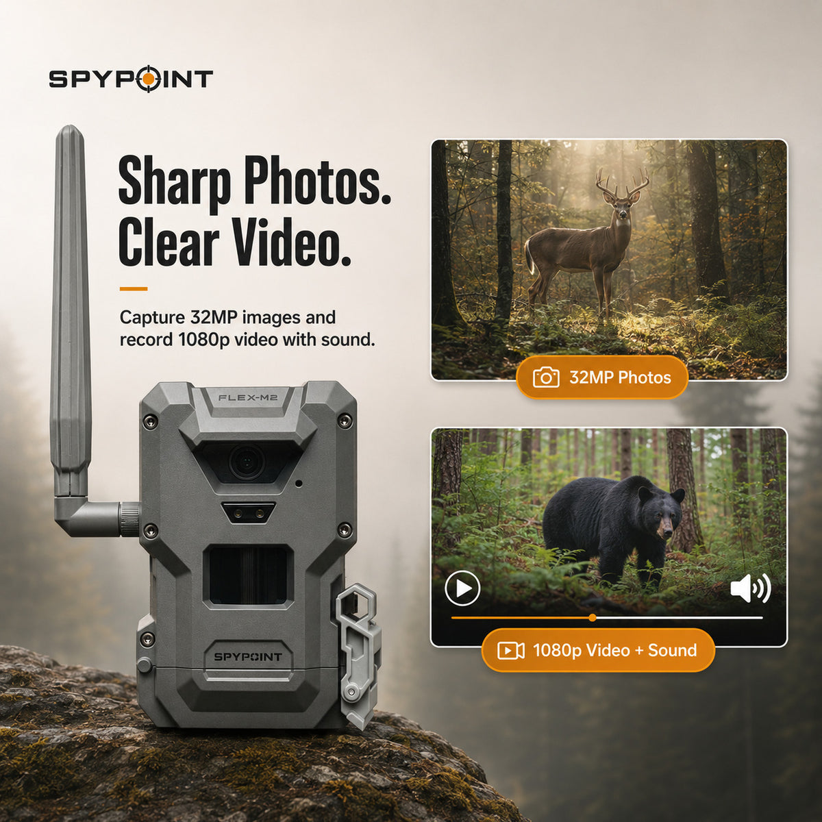 Spypoint FLEX-M2 Trail Camera 32MP with 90ft Detection Range 4-Pack Bundle with Accessories