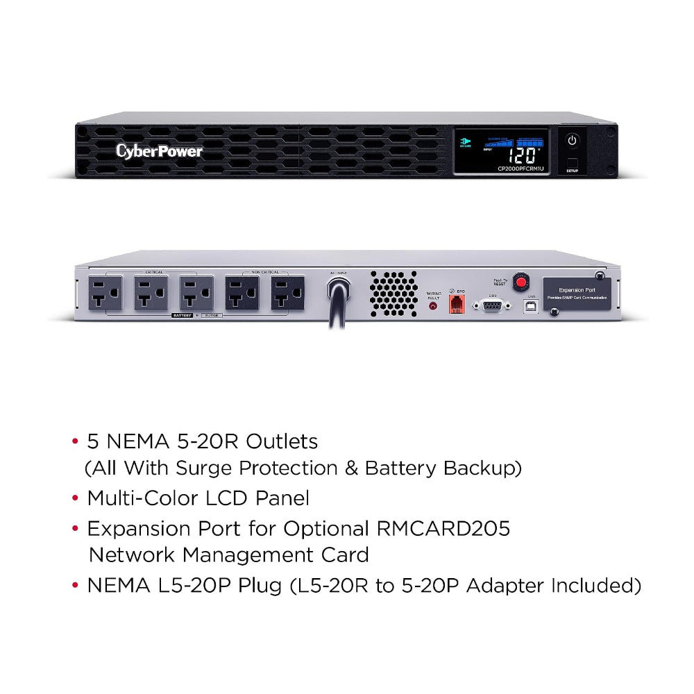 CyberPower CP2000PFCRM1U Rackmount UPS (Black) 2000VA 1200W Sine Wave, 1U