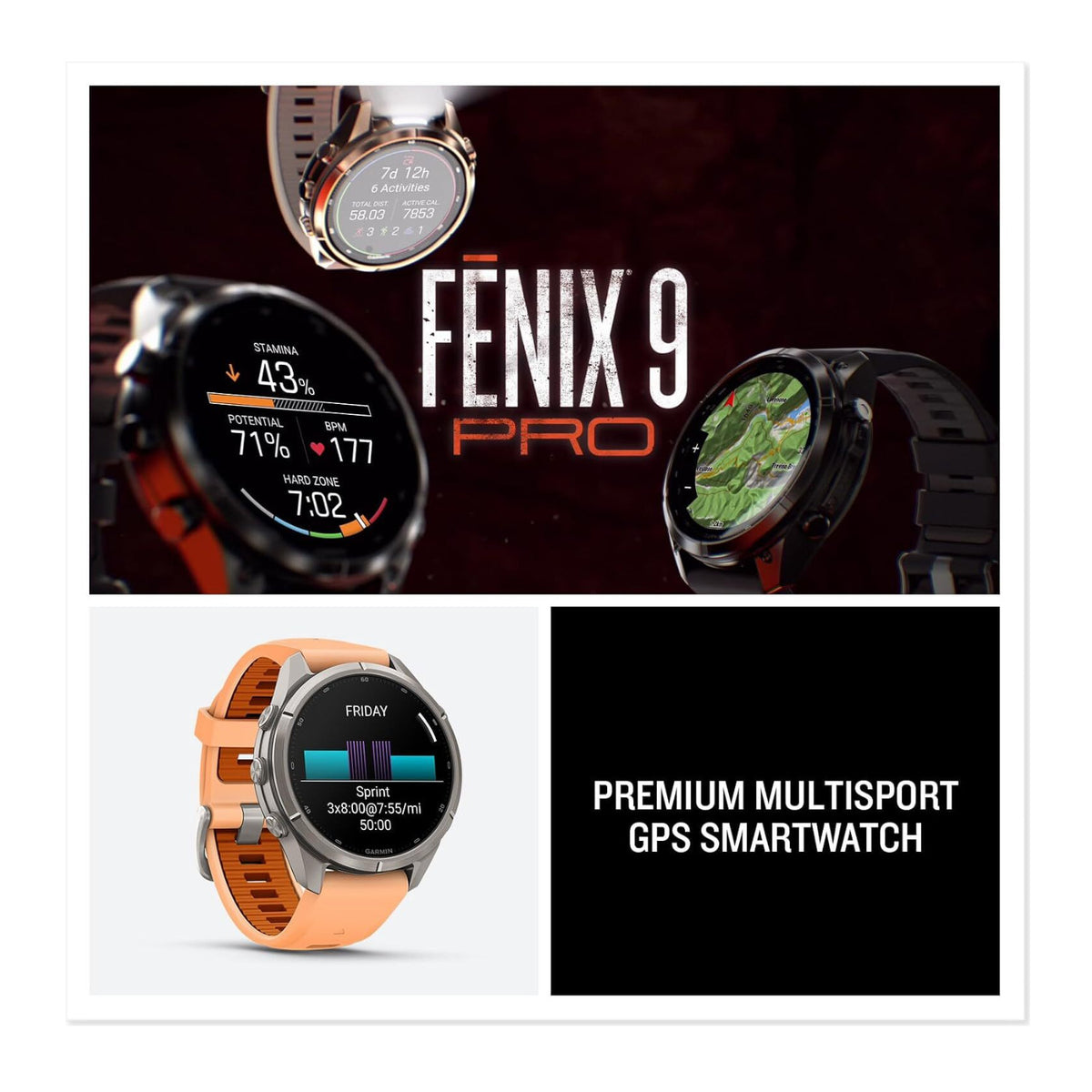 Garmin fenix 9 Pro AMOLED GPS 43mm Multisport Smartwatch (Shell Pink/ Autumn Orange Silicone Band)