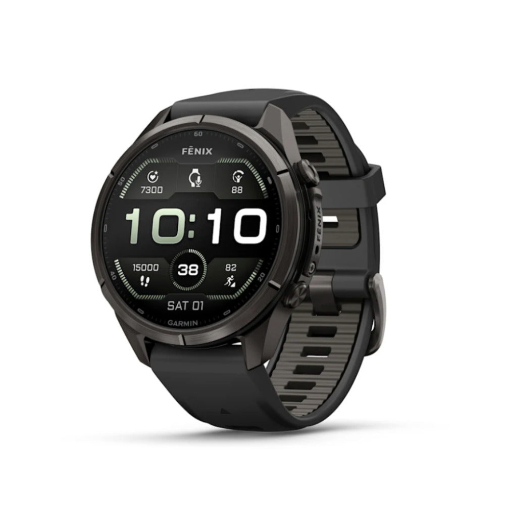 Garmin fenix 9 Pro AMOLED GPS 43mm Multisport Smartwatch (Carbon Gray DLC Titanium/Pebble Gray Band)