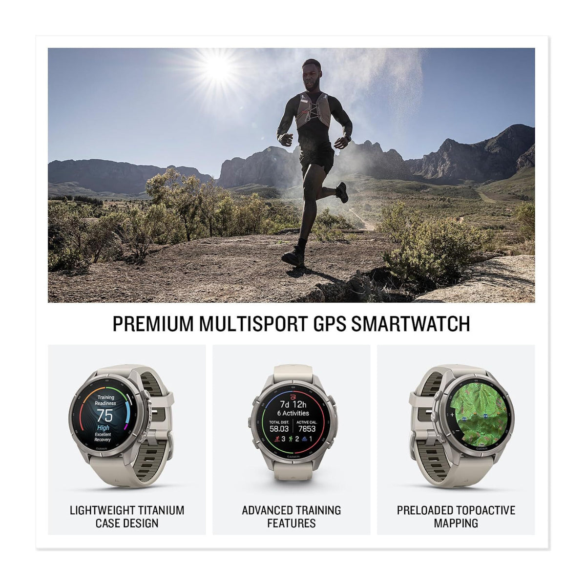 Garmin fenix 9 Pro AMOLED GPS 43mm Multisport Smartwatch (Titanium, Fog Gray/Sandstone Band)
