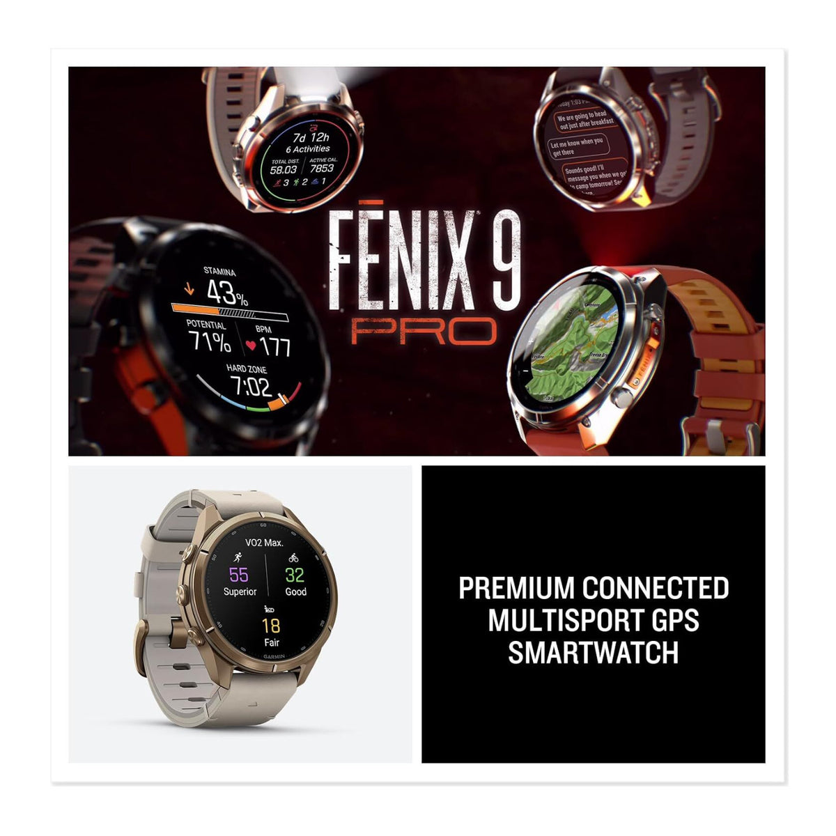Garmin fenix 9 Pro AMOLED GPS 43mm Smartwatch with inReach (Autumn Gold Titanium, Bone Leather)