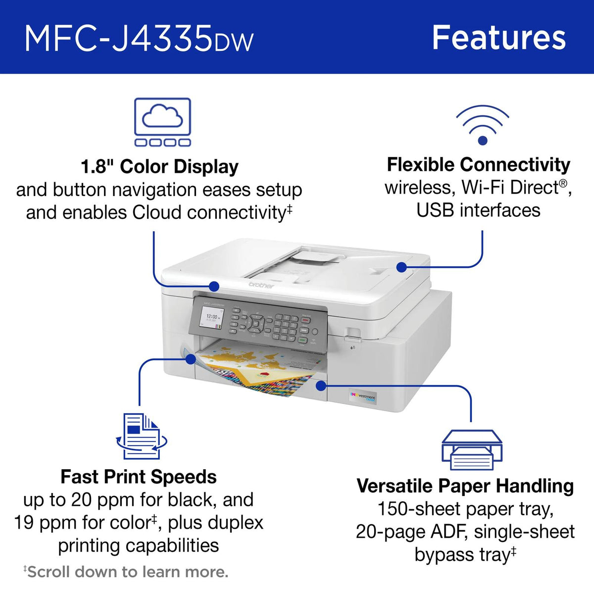 Brother MFC-J4335DW INKvestment Tank Wireless All-in-One Color Inkjet Printer, Up to 1-Year of Ink in-Box, Duplex Printing, Mobile and Cloud Print, Works with Alexa