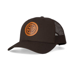 SIG SAUER SIG Mark Trucker Hat with Leather Patch, Mesh Back, and Adjustable Snapback (Espresso)