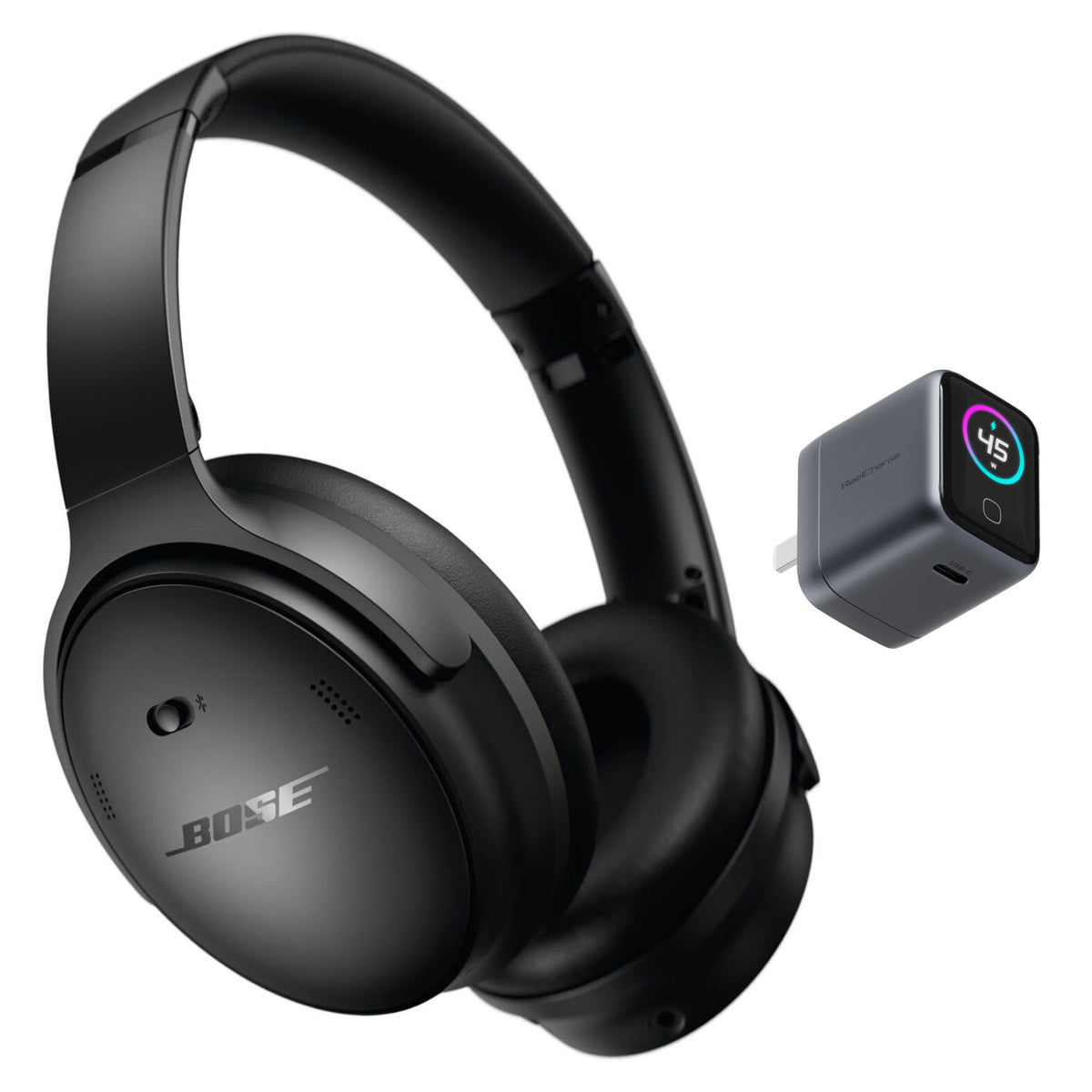Bose QuietComfort Noise Cancelling Headphones (Black) with 45W USB-C Smart Display Wall Charger