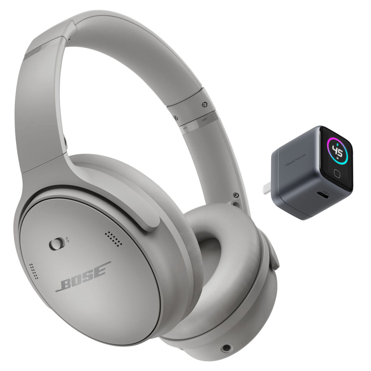 Bose QuietComfort Noise Cancelling Headphones (Moonlight Grey) with 45W USB-C Smart Display Charger