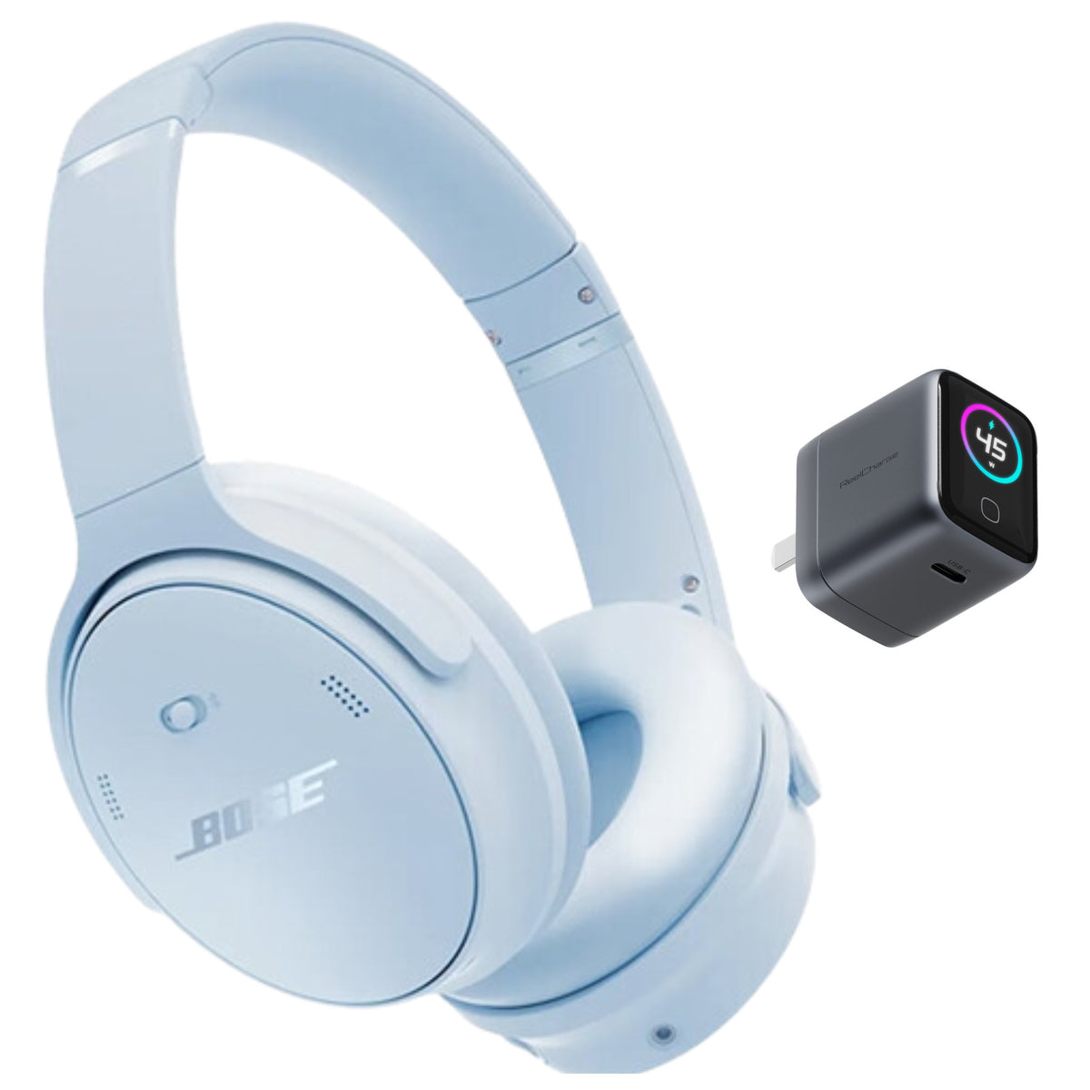 Bose QuietComfort Noise Cancelling Headphones (Ice Blue) with 45W USB-C Smart Display Wall Charger