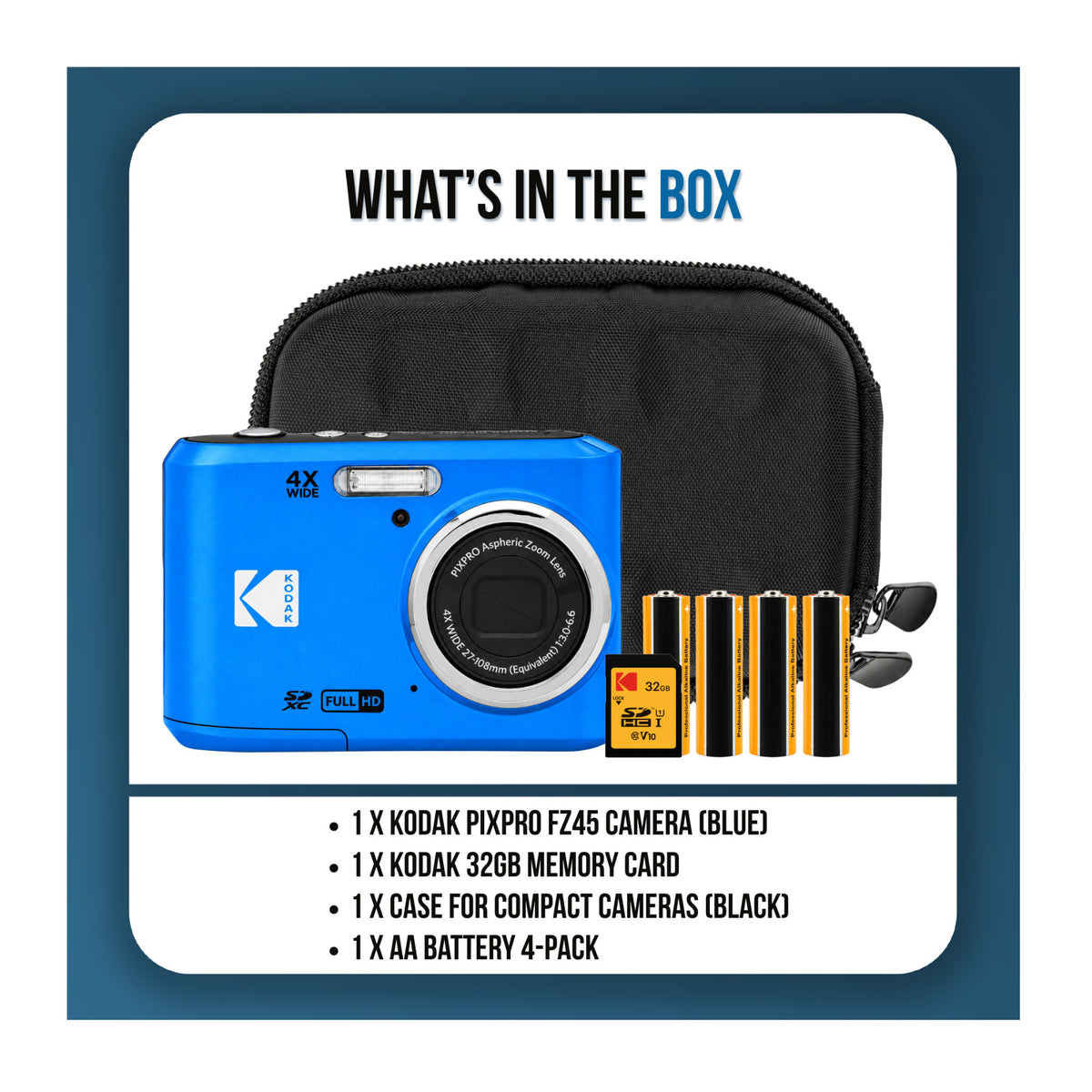 Kodak PixPro FZ45 Friendly Zoom Full-HD Camera with 32GB Card, Compact Case and AA Batteries (Blue)
